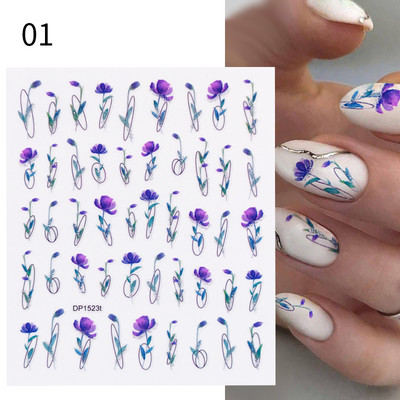 Harunouta Розови цветя 3DN Стикери за нокти Бяло цвете Зелен лист Геометрична линия Златни бронзиращи плъзгачи Пролетна флорална декорация за нокти