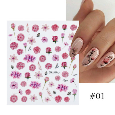Harunouta Розови цветя 3DN Стикери за нокти Бяло цвете Зелен лист Геометрична линия Златни бронзиращи плъзгачи Пролетна флорална декорация за нокти
