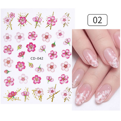 Harunouta Розови цветя 3DN Стикери за нокти Бяло цвете Зелен лист Геометрична линия Златни бронзиращи плъзгачи Пролетна флорална декорация за нокти