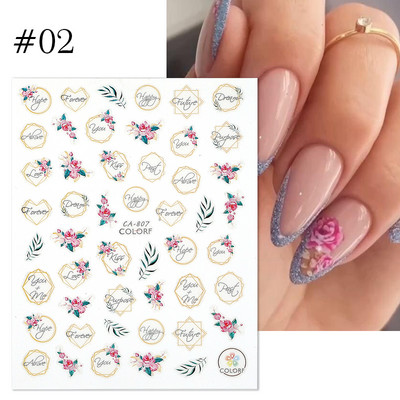 Harunouta Розови цветя 3DN Стикери за нокти Бяло цвете Зелен лист Геометрична линия Златни бронзиращи плъзгачи Пролетна флорална декорация за нокти