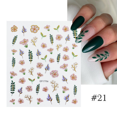 Harunouta Розови цветя 3DN Стикери за нокти Бяло цвете Зелен лист Геометрична линия Златни бронзиращи плъзгачи Пролетна флорална декорация за нокти