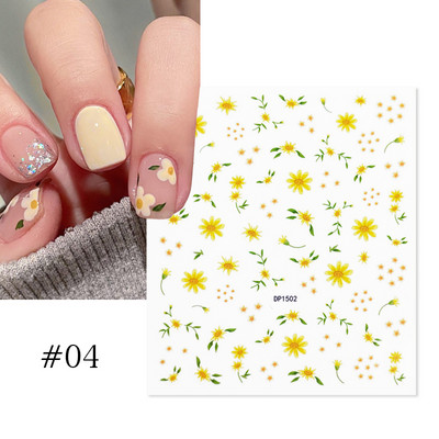 Harunouta Розови цветя 3DN Стикери за нокти Бяло цвете Зелен лист Геометрична линия Златни бронзиращи плъзгачи Пролетна флорална декорация за нокти