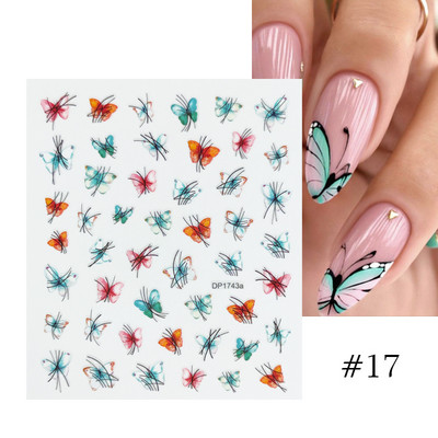 Harunouta Розови цветя 3DN Стикери за нокти Бяло цвете Зелен лист Геометрична линия Златни бронзиращи плъзгачи Пролетна флорална декорация за нокти