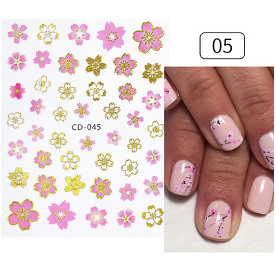 Harunouta Розови цветя 3DN Стикери за нокти Бяло цвете Зелен лист Геометрична линия Златни бронзиращи плъзгачи Пролетна флорална декорация за нокти