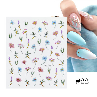 Harunouta Розови цветя 3DN Стикери за нокти Бяло цвете Зелен лист Геометрична линия Златни бронзиращи плъзгачи Пролетна флорална декорация за нокти