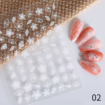 Harunouta Розови цветя 3DN Стикери за нокти Бяло цвете Зелен лист Геометрична линия Златни бронзиращи плъзгачи Пролетна флорална декорация за нокти
