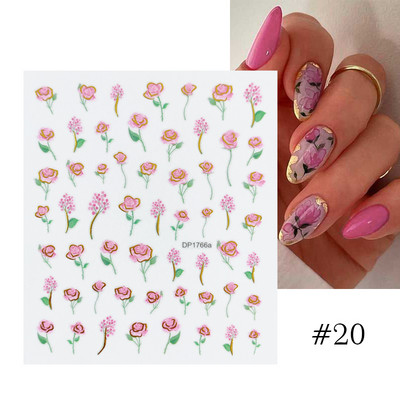Harunouta Розови цветя 3DN Стикери за нокти Бяло цвете Зелен лист Геометрична линия Златни бронзиращи плъзгачи Пролетна флорална декорация за нокти
