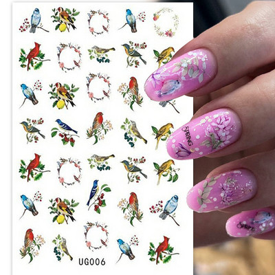 Harunouta Розови цветя 3DN Стикери за нокти Бяло цвете Зелен лист Геометрична линия Златни бронзиращи плъзгачи Пролетна флорална декорация за нокти