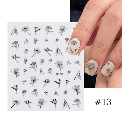 Harunouta Розови цветя 3DN Стикери за нокти Бяло цвете Зелен лист Геометрична линия Златни бронзиращи плъзгачи Пролетна флорална декорация за нокти