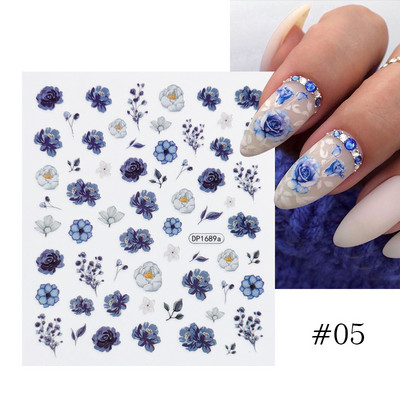 Harunouta Розови цветя 3DN Стикери за нокти Бяло цвете Зелен лист Геометрична линия Златни бронзиращи плъзгачи Пролетна флорална декорация за нокти