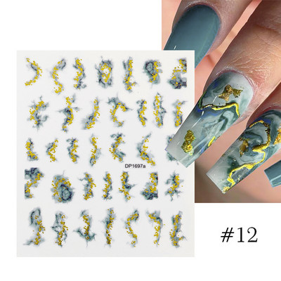 Harunouta Розови цветя 3DN Стикери за нокти Бяло цвете Зелен лист Геометрична линия Златни бронзиращи плъзгачи Пролетна флорална декорация за нокти