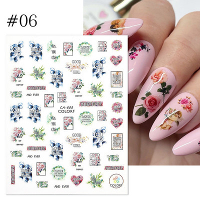 Harunouta Розови цветя 3DN Стикери за нокти Бяло цвете Зелен лист Геометрична линия Златни бронзиращи плъзгачи Пролетна флорална декорация за нокти