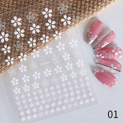 Harunouta Розови цветя 3DN Стикери за нокти Бяло цвете Зелен лист Геометрична линия Златни бронзиращи плъзгачи Пролетна флорална декорация за нокти