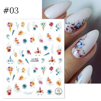 Harunouta Розови цветя 3DN Стикери за нокти Бяло цвете Зелен лист Геометрична линия Златни бронзиращи плъзгачи Пролетна флорална декорация за нокти