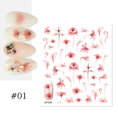 Harunouta Розови цветя 3DN Стикери за нокти Бяло цвете Зелен лист Геометрична линия Златни бронзиращи плъзгачи Пролетна флорална декорация за нокти