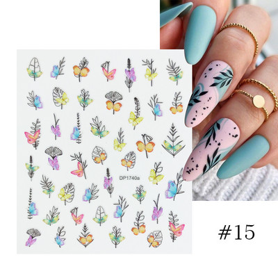 Harunouta Розови цветя 3DN Стикери за нокти Бяло цвете Зелен лист Геометрична линия Златни бронзиращи плъзгачи Пролетна флорална декорация за нокти