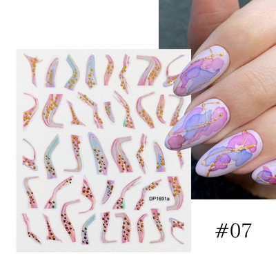 Harunouta Розови цветя 3DN Стикери за нокти Бяло цвете Зелен лист Геометрична линия Златни бронзиращи плъзгачи Пролетна флорална декорация за нокти