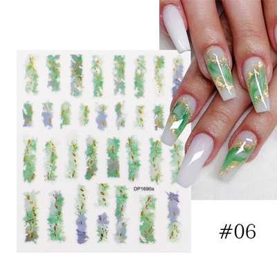 Harunouta Розови цветя 3DN Стикери за нокти Бяло цвете Зелен лист Геометрична линия Златни бронзиращи плъзгачи Пролетна флорална декорация за нокти