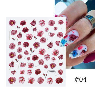 Harunouta Розови цветя 3DN Стикери за нокти Бяло цвете Зелен лист Геометрична линия Златни бронзиращи плъзгачи Пролетна флорална декорация за нокти