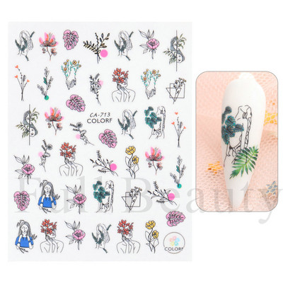 1 τμχ 3D αυτοκόλλητα σέξι κορίτσι για νύχια Μαύρο λουλούδι φύλλα γραμμικά αυτοκόλλητα αυτοκόλλητα Slider Manicure Nail Art Decorations JIF634-643