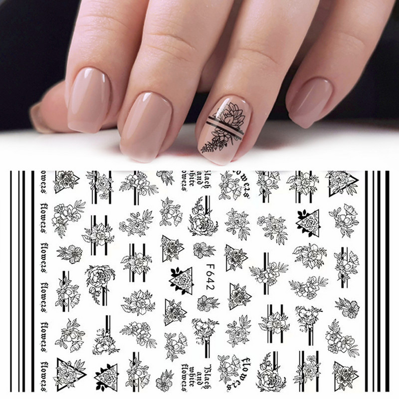 1 τμχ 3D αυτοκόλλητα σέξι κορίτσι για νύχια Μαύρο λουλούδι φύλλα γραμμικά αυτοκόλλητα αυτοκόλλητα Slider Manicure Nail Art Decorations JIF634-643