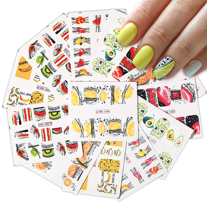 1PC Autocolante de apă pentru unghii, lămâie, banană, pepene verde, avocado, fructe, frunze, glisoare de transfer de apă, autocolante pentru unghii, manichiură