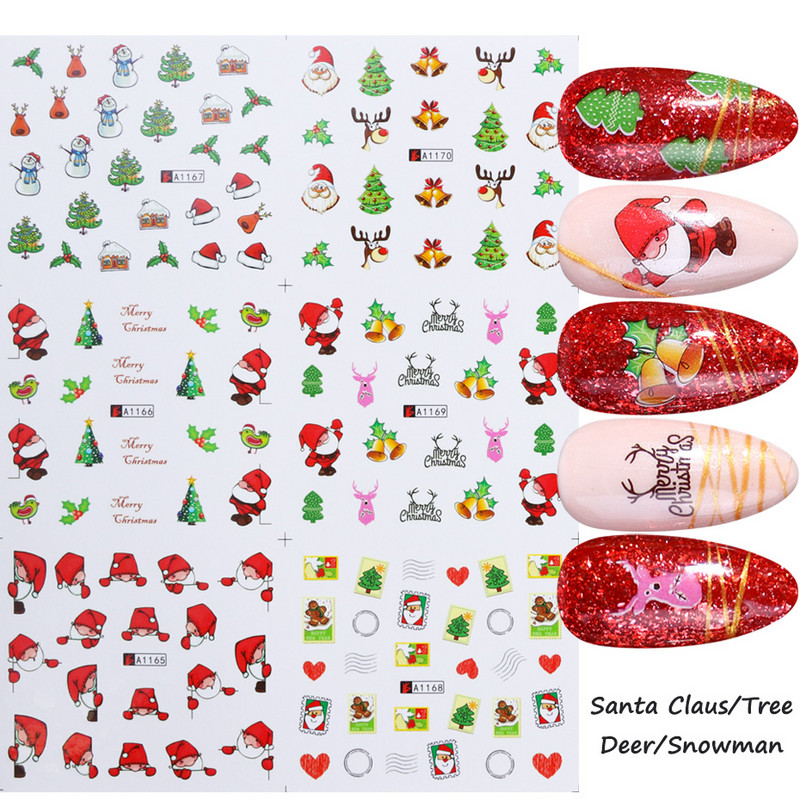 12 buc. Autocolante pentru unghii cu desene animate de Crăciun Autocolante de apă Iarnă Moș Crăciun Glisoare pentru unghii Folii Decoratiuni de Anul Nou TRA1165-1176