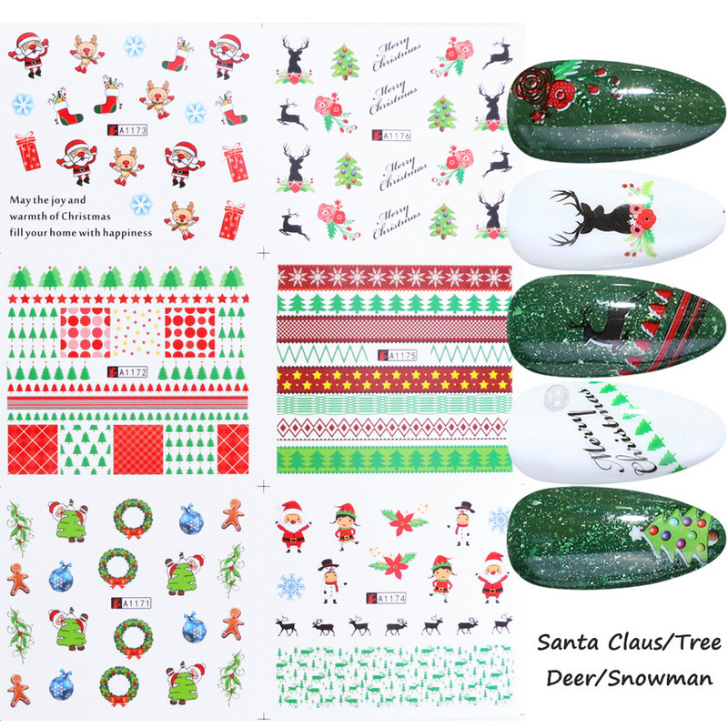 12 buc. Autocolante pentru unghii cu desene animate de Crăciun Autocolante de apă Iarnă Moș Crăciun Glisoare pentru unghii Folii Decoratiuni de Anul Nou TRA1165-1176