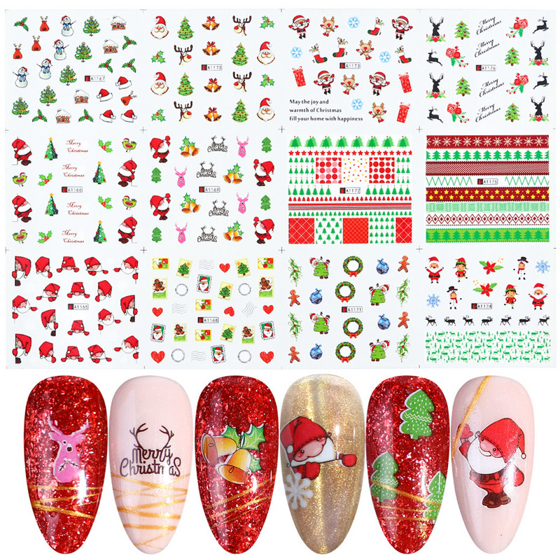 12 buc. Autocolante pentru unghii cu desene animate de Crăciun Autocolante de apă Iarnă Moș Crăciun Glisoare pentru unghii Folii Decoratiuni de Anul Nou TRA1165-1176