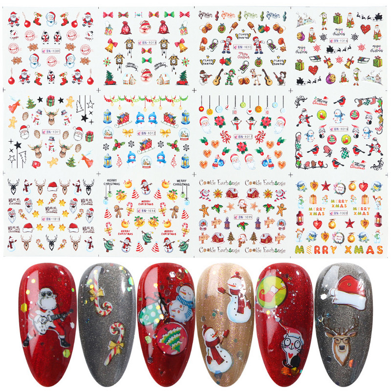 12 buc. Autocolante pentru unghii cu desene animate de Crăciun Autocolante de apă Iarnă Moș Crăciun Glisoare pentru unghii Folii Decoratiuni de Anul Nou TRA1165-1176
