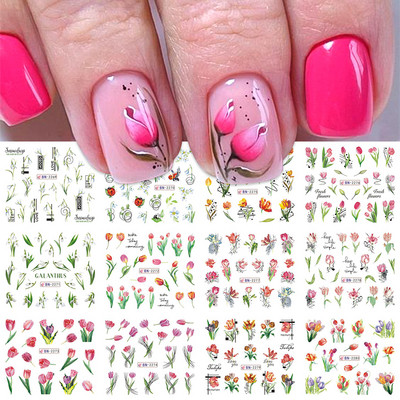 Tulpju Uzlīmes Nagiem Vasaras Tulpes Ziedu Lapu Spider Line Nail Art Sliders Galanthus Sniegpulkstenītes Ziedu manikīra dekors BN-2273