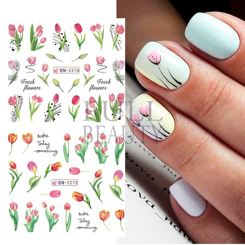 Tulbikleebised küüntele Suvised Tulbid Lillelehed Spider Line Nail Art liugurid Galanthus Lumikellukese lilleline maniküür Decor BN-2273