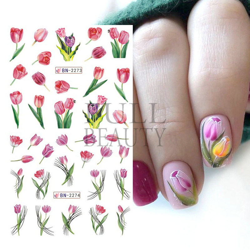 Tulbikleebised küüntele Suvised Tulbid Lillelehed Spider Line Nail Art liugurid Galanthus Lumikellukese lilleline maniküür Decor BN-2273