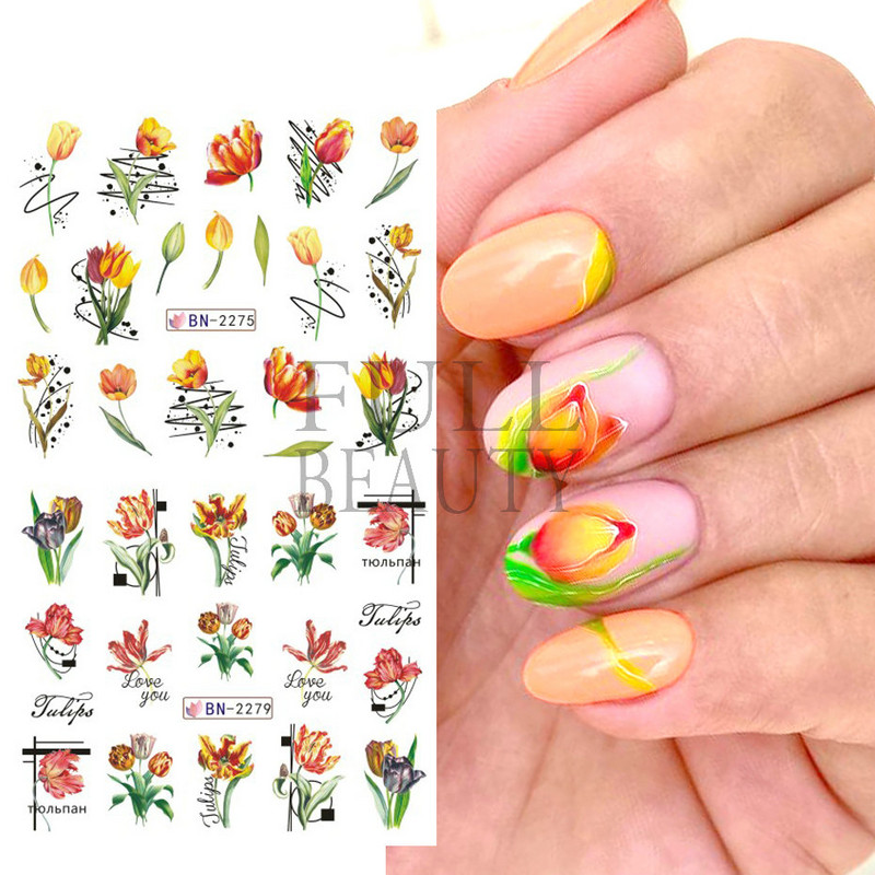Tulbikleebised küüntele Suvised Tulbid Lillelehed Spider Line Nail Art liugurid Galanthus Lumikellukese lilleline maniküür Decor BN-2273