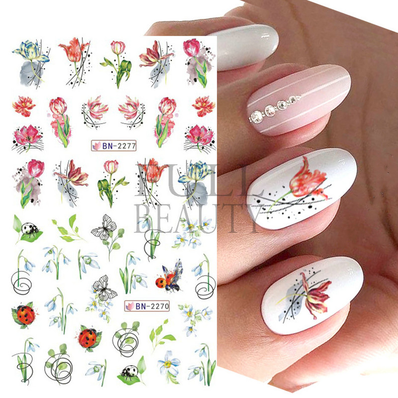 Tulbikleebised küüntele Suvised Tulbid Lillelehed Spider Line Nail Art liugurid Galanthus Lumikellukese lilleline maniküür Decor BN-2273
