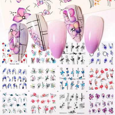 12 τμχ Σετ αυτοκόλλητα νυχιών ανθισμένα λουλουδάτα φύλλα Νυχιών Χαλκομανίες Νερού Χαλκομανίες Μεταφοράς μεμβράνης για τρισδιάστατες διακοσμήσεις νυχιών