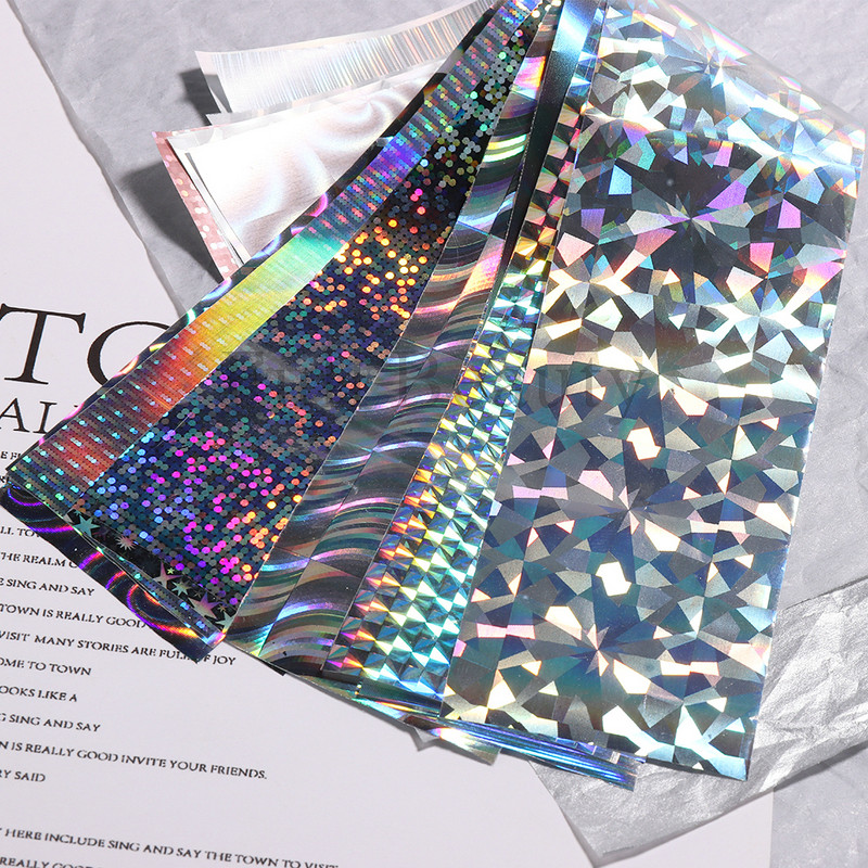 10 tk Hologramm Transfer Foil Naels Laser Stars Holograafilised küünekleebised Merineitsi saba liugurid Metallik Geellakk Mähised NLXKY01