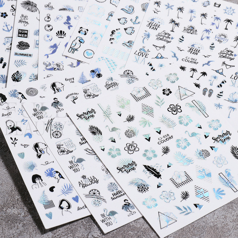 Kookospähklipuu küünte kleebis Holograafiline palmilehtede viljad suvised liugurid küüntele Mermaid Beach Sea Animal Decal maniküür GLCJ-062