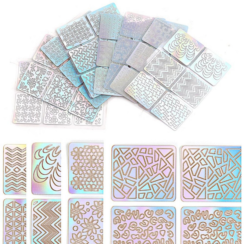 24 φύλλα Laser Nail Art Hollow αυτοκόλλητα Βινύλια νυχιών Οδηγός μεταφοράς εικόνας 3D Σετ στένσιλ με ακανόνιστο σχέδιο Μικτά αυτοκόλλητα