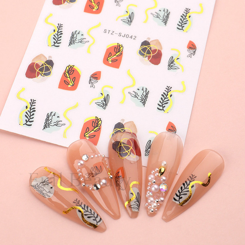 Τρισδιάστατο αυτοκόλλητο νυχιών Χρυσό μπρονζέ λουλούδια Διακόσμηση Φύλλα ολισθητήρες νυχιών Γεωμετρική καρδιά Αυτοκόλλητα μανικιούρ Αυτοκόλλητα φύλλα LASTZ-SJ051