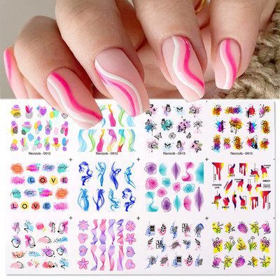 12Designs tavaszi téma Geometrikus virágok levelek köröm matricák készlet arckép pillangó gyümölcs matricák csúszkák manikűr dekoráció