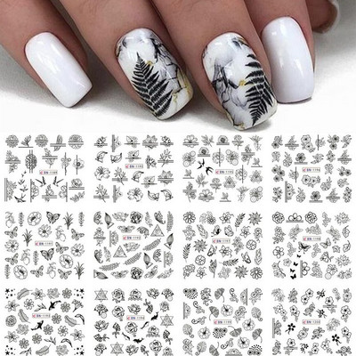 12Designs tavaszi téma Geometrikus virágok levelek köröm matricák készlet arckép pillangó gyümölcs matricák csúszkák manikűr dekoráció