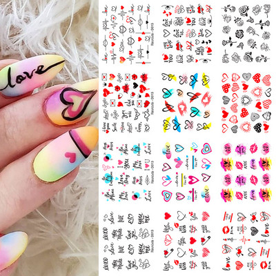 12Designs tavaszi téma Geometrikus virágok levelek köröm matricák készlet arckép pillangó gyümölcs matricák csúszkák manikűr dekoráció