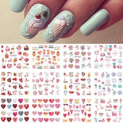 12Designs tavaszi téma Geometrikus virágok levelek köröm matricák készlet arckép pillangó gyümölcs matricák csúszkák manikűr dekoráció