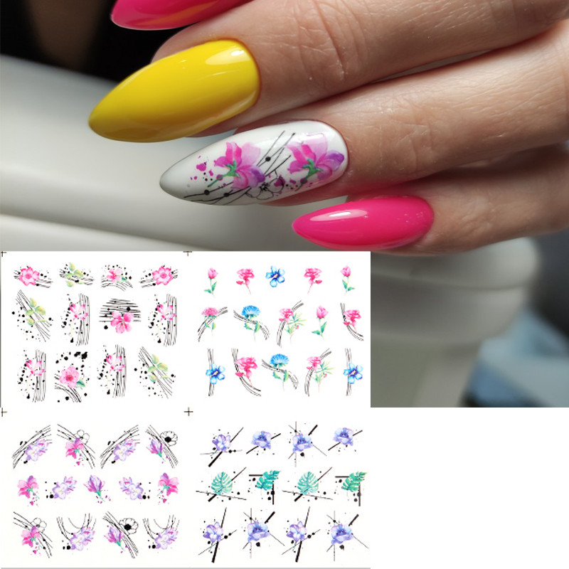12Designs tavaszi téma Geometrikus virágok levelek köröm matricák készlet arckép pillangó gyümölcs matricák csúszkák manikűr dekoráció