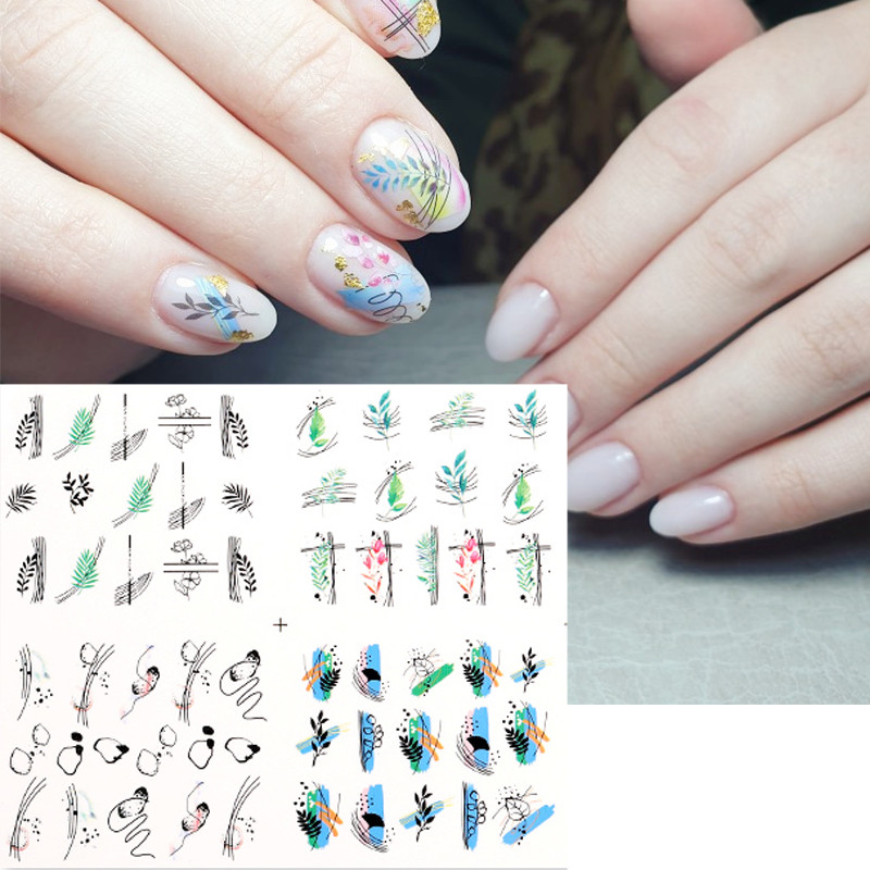 12Designs tavaszi téma Geometrikus virágok levelek köröm matricák készlet arckép pillangó gyümölcs matricák csúszkák manikűr dekoráció