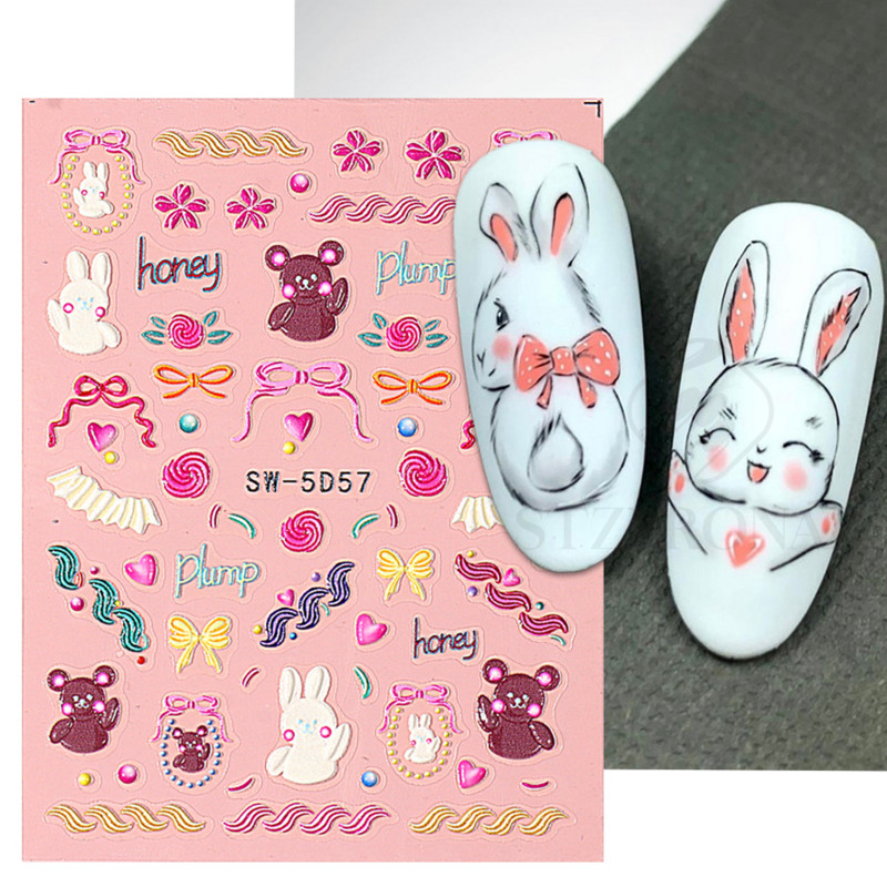 5D armsa jänese reljeefne küünekunsti kleebised pitstekstuuriga akrüülkampsuni kleebised võlusid, suvise sõbrapäeva maniküüri kaunistus