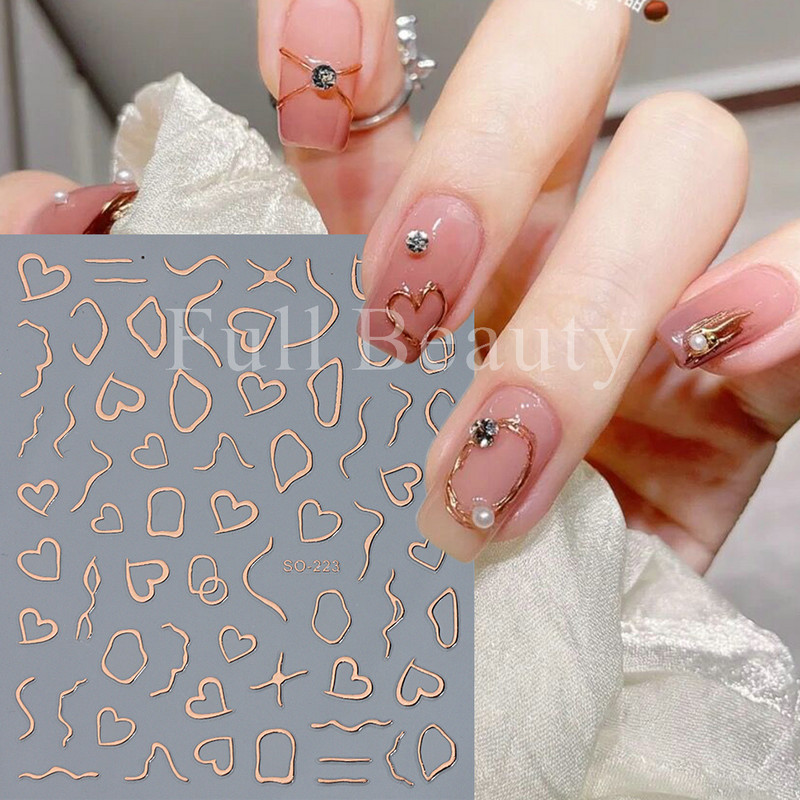 3D kuldtriibulised jooned küünekleebised Holograafilised armastuse südame liugurid küüntele, keerised, lainelised kleebised maniküüri tätoveeringud NLSO-223