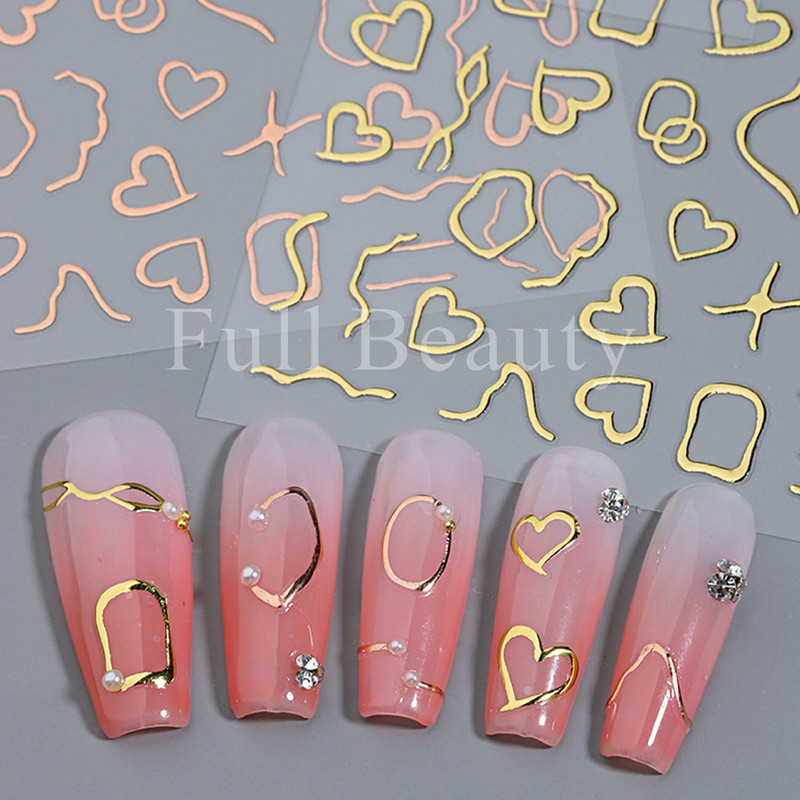 3D kuldtriibulised jooned küünekleebised Holograafilised armastuse südame liugurid küüntele, keerised, lainelised kleebised maniküüri tätoveeringud NLSO-223