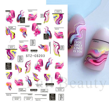 Цъфтяща розова вълна за нокти 3D акварелни стикери Абстрактна линия Мраморна текстура Дизайн Цветна панделка Декори за ноктопластика FBSTZ-CS203